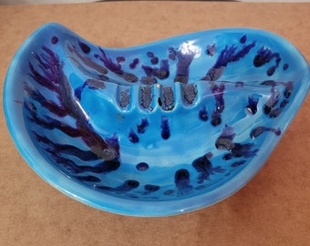 Vintage Mid-Century Modern Ceramic Ashtray, Abstract Turquoise Blue Accent