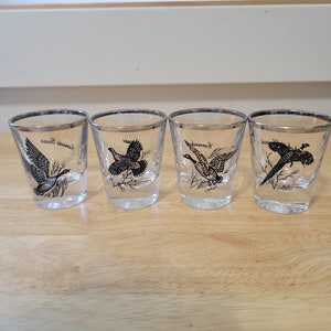 Vintage Set of Four (4)  Federal Glass Sportsman Game Bird Shot Glasses Rumpus Set MCM Barware Canada Goose Canvasback Duck Grouse Pheasant