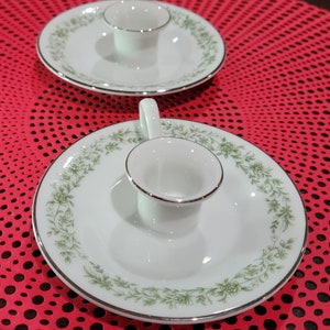 Vintage Pair of Mikasa Candlestick Holders Fine China, G 9059, Montclair Pattern, Green leaves, silver rim,