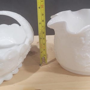 Vintage Milk Glass Set of Westmoreland Split Handle Grape Pattern Candy Nut Trinket Dish & Imperial Paneled Grape Milk Glass Ruffled Bowl