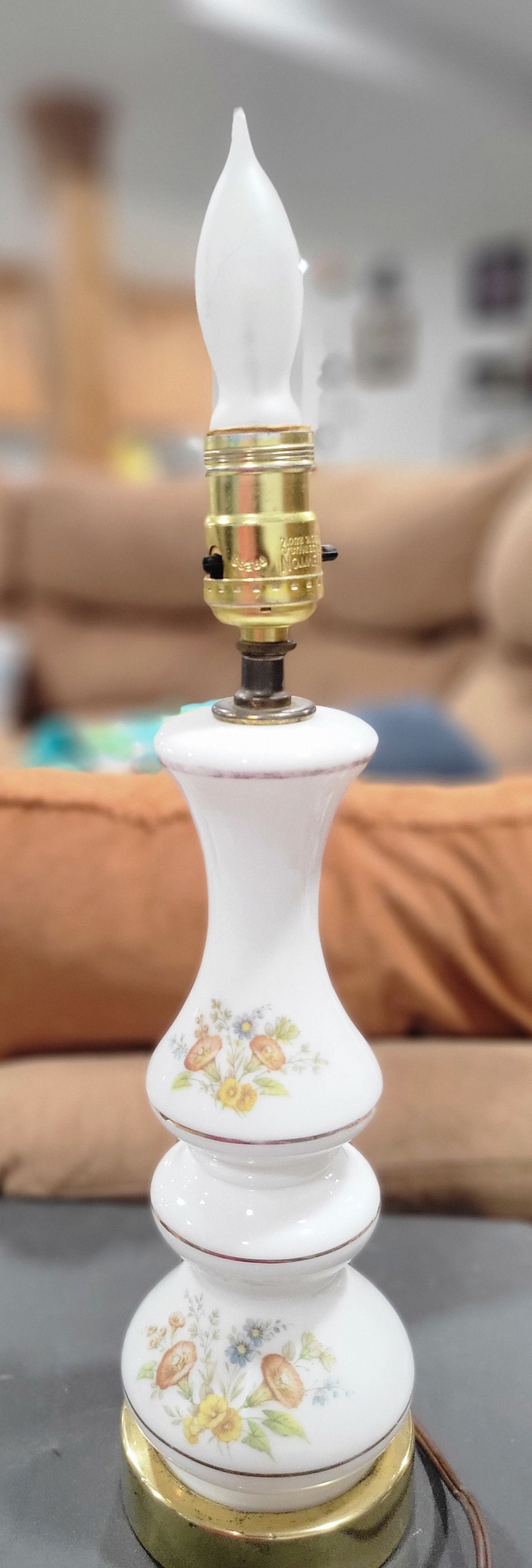 Vintage White Milk Glass Table Lamp, Floral Bouquet, Gold Gilding
