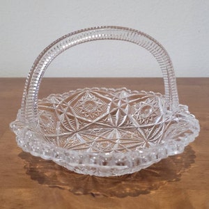 Vintage EAPG Hobstar Shallow Glass Basket 4.5&quot; tall, 5.5&quot; wide Ribbed Handle, Scalloped Edge Perfect Condition