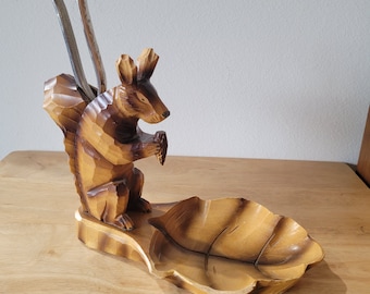 Vintage Hand Carved Wood Squirrel Nutcracker with Leaf Bowl
