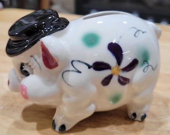 ヴィンテージ陶器貯金箱、シルクハットをかぶった粋な豚、台湾製