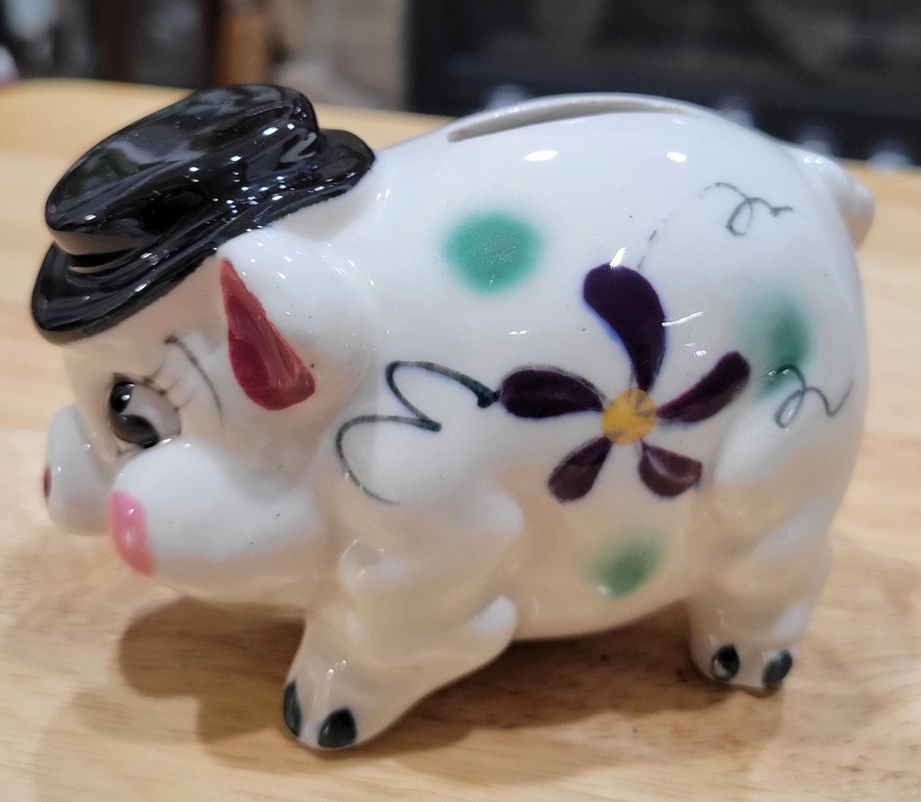 ぞうのババール貯金箱陶器ヴィンテージビンテージフランスマルセイユ ヴィンテージ陶器貯金箱、シルクハットをかぶった粋な豚、台湾製