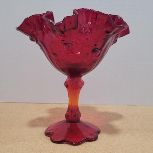 Vintage Rare FENTON Art UV Glass Ruby Rose Compote Dish Ruffled Edges Flower Petal Footed Pedestal Cabbage Rose, Glows Orange under UV