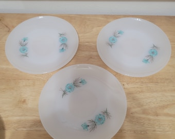 Platillos vintage Fire King, vaso de leche con diseño floral azul Bonnie, juego de 3