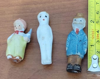 Set of 3 Vintage Frozen Charlotte Penny Dolls, Tiny Ceramic Bisque Dolls