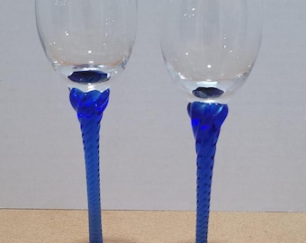 Copas de vino vintage de tallo retorcido azul cobalto - Juego de 2 hechas a mano