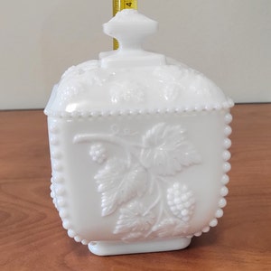 Vintage Beaded Compote or Candy Dish with Lid, Paneled Grape Milk Glass Beaded Edging by WESTMORELAND Perfect Condition!