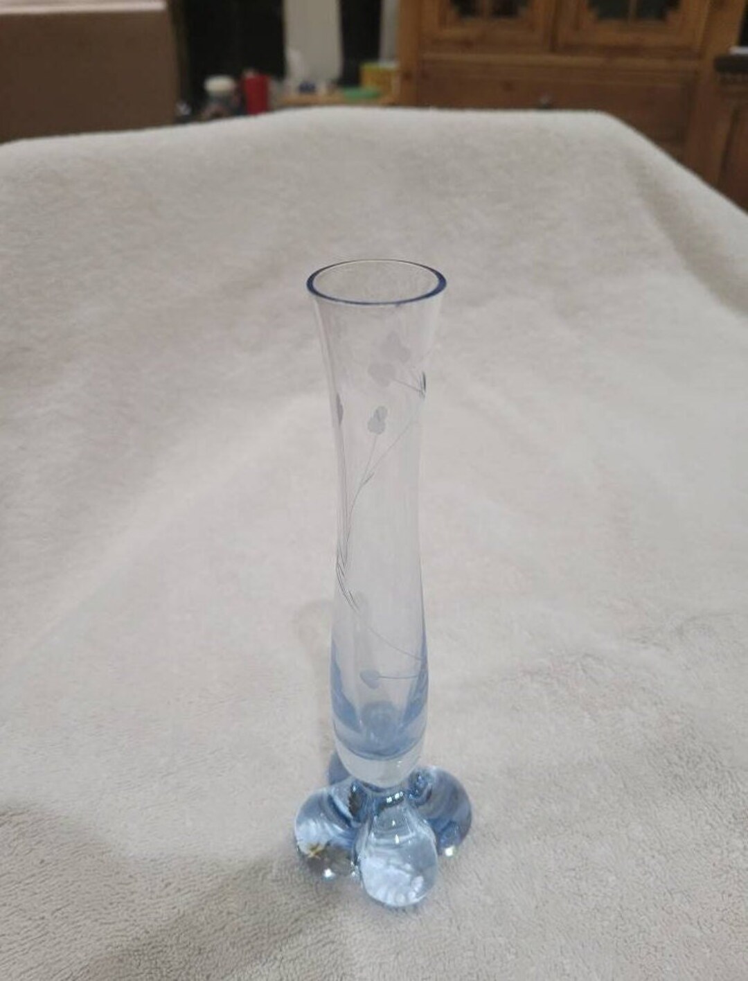 Vintage Blue Glass Bud Vase Etched With Four Toed Base, Bud Vase, Weed