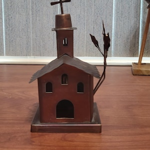 Vintage Copper Color Tin Wind Up Church Music Box Plays AMAZING Grace.  Chapel Religious Gift  Cross on Top Spins as Music Plays!