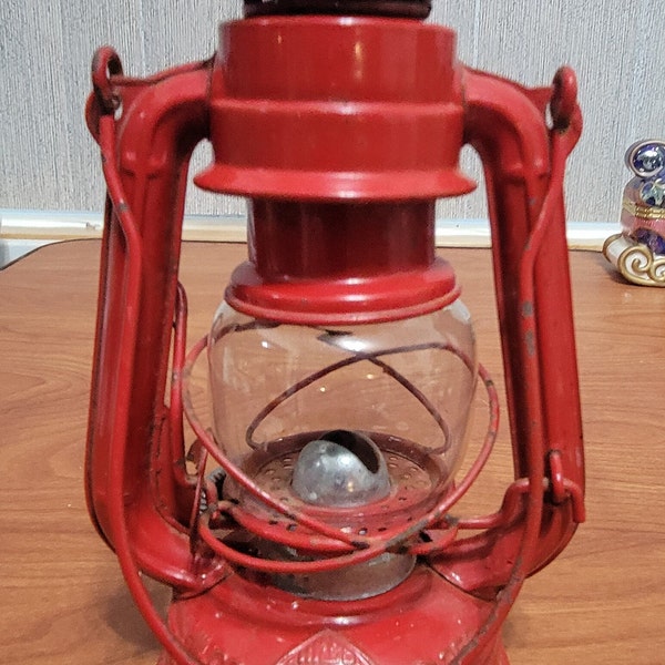 Vintage Miniature Lantern Oil Kerosene Lamp Red 7.5 inches tall 4.25 inches wide For outdoor Use or Decor