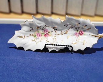 Vintage Arnat Porcelain Leaf Dish, Hand Painted Roses with Gold Trim, Vanity or Trinket Tray Mom Gift Ideas!  Beautiful