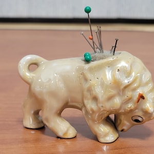 Vintage Porcelain Bull Shaped Pincushion 1950s Tan