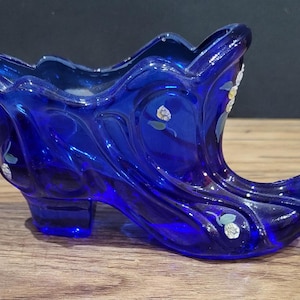 Vintage Fenton Cobalt Blue Hand Painted with Small Flowers Glass Shoe Has Fenton Sticker