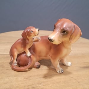 Vintage Mama and Baby Dachshund Puppy Dog Figurines Fine Porcelain Wiener Dogs Mothers day gift