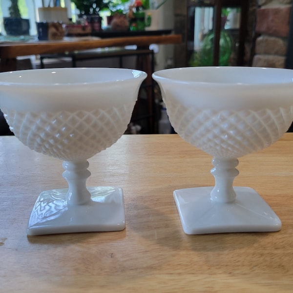 English Hobnail Milk Glass Low Sherbet Glasses (Square Hex Base) by WESTMORELAND Glass Mint Condition Set of 2