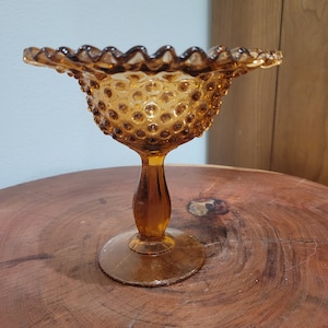 Vintage Fenton Art Glass Peach /Amber Hobnail Compote