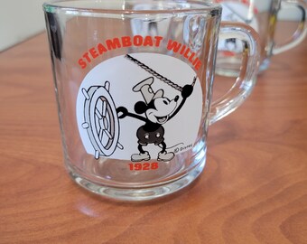 Juego de 3 tazas de cristal vintage de Steamboat Willie Mickey Mouse de 1926
