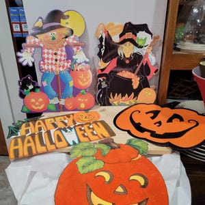 Set di 5 grandi decorazioni di Halloween in carta vintage, zucca floccata, spaventapasseri, strega, Jack O' Lantern di Halloween