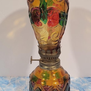 Vintage Multicolor Amber Stained Glass Oil Kerosene Lamp Miniature 8.5&quot; Tall Made in Hong Kong