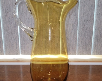 Vintage Hand Blown Amber Glass Pitcher, Pinch Lip and Applied Clear Handle