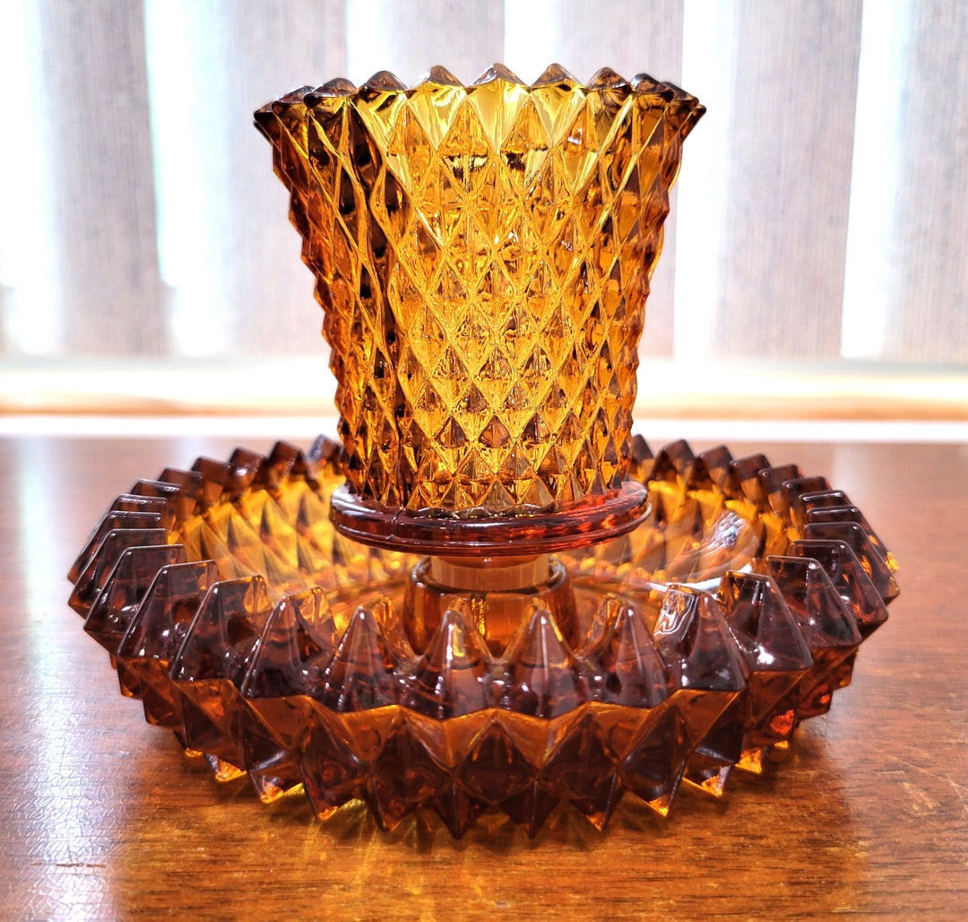 Vintage Indiana Glass Diamond Point Dark Amber Glass Peg Votive Candle ...