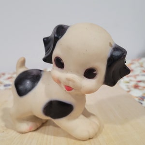 Vintage SUN RUBBER Puppy Dog Squeak Toy White w Black Spots Sweet Little Puppy Dog