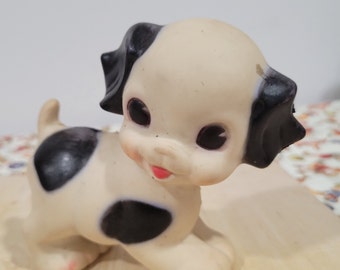 Vintage SUN RUBBER Puppy Dog Squeak Toy White w Black Spots Sweet Little Puppy Dog