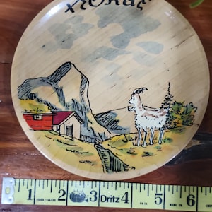 Vintage Wooden Plate Handcrafted Hand Painted &quot;NORGE&quot; Mountain Goat Folk Art Farmhouse Alps Collectable Plates Austria Switzerland Gifts