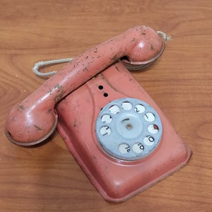 Vintage Red Metal Toy Telephone with Rotary Dial Pretend Play Circa 40&#39;s