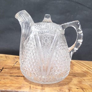Beautiful Antique Early American Rum Jug c 1880&#39;s Pressed Glass Star/Arches Massachusetts Clear by US Glass