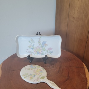 1983 Andrea by Sadek Ivory Fleur Vanity Tray and Hand Held Vanity Mirror made in Japan