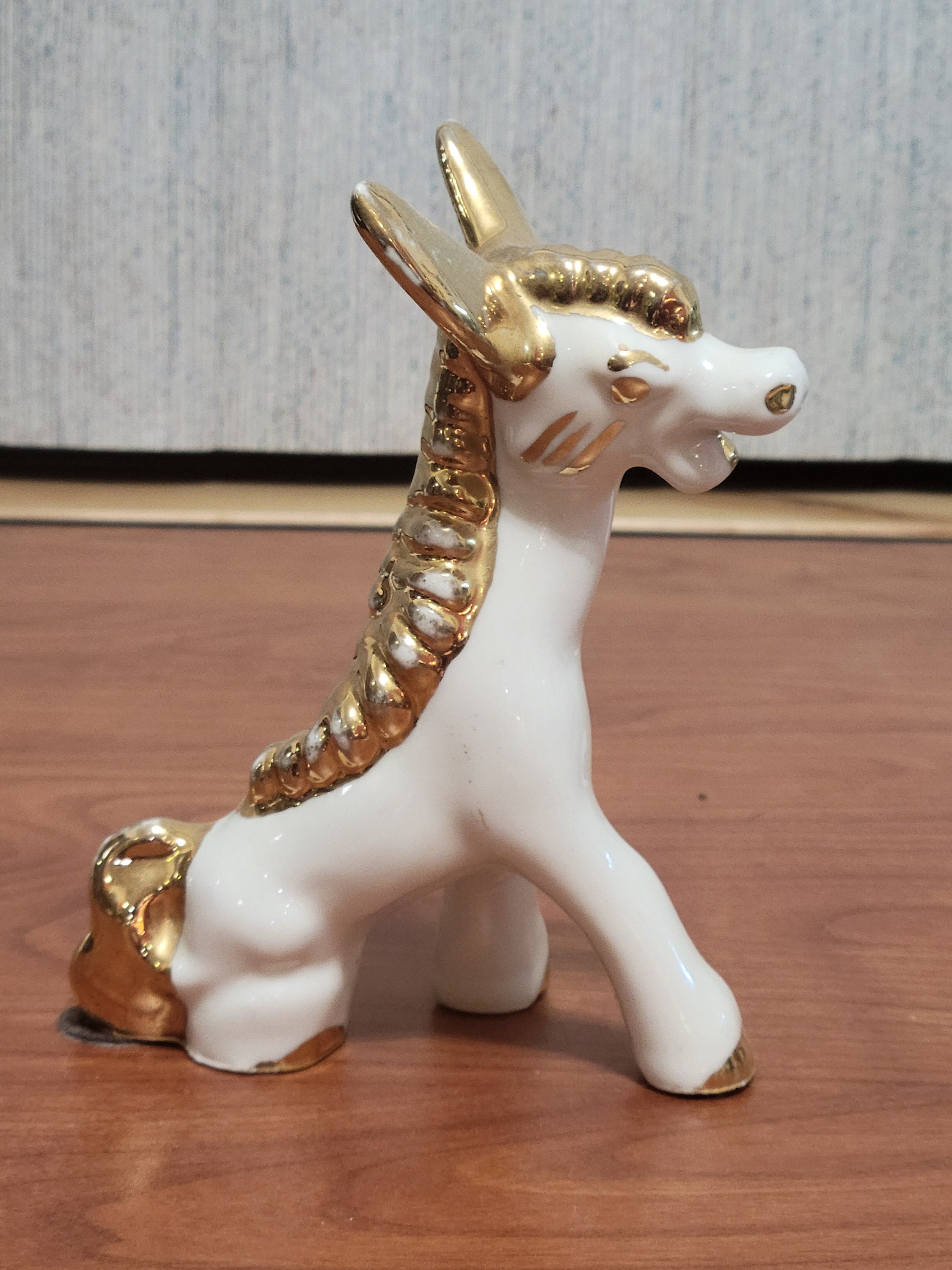 Vintage Whimsical Donkey Figurine Porcelain Gold Trim Kitsch