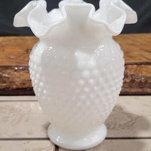 Vintage Double Crimped Ruffled Top Hobnail Vase Milk Glass by Fenton Art Glass Perfect Condition 6 inches tall