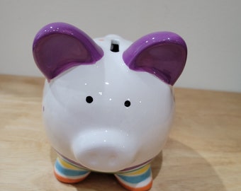 Vintage Colorful Piggy Bank, White with Abstract Design. Purple Orange Green and Blue, with plastic stopper, Ceramic Pig