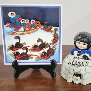 Vintage Ceramic Trivet Eskimo Alaska Barbara Lavallee Dog Sled Art Tile Trivet - 5 3/4" Square - Alaskan Art with Eskimo Girl Piggy Bank