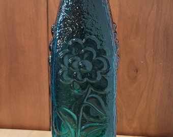 Gorgeous Mid Century Vintage Teal (blue green) Glass Square Decanter with Round Base Flowers Embossed on all sides 14 in tall