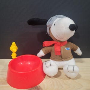 RARE Peanuts Snoopy Plush Flying Ace Aviator Pilot MetLife Stuffed Animal 5 inch and Vintage Woodstock on Snoopy Water Bowl