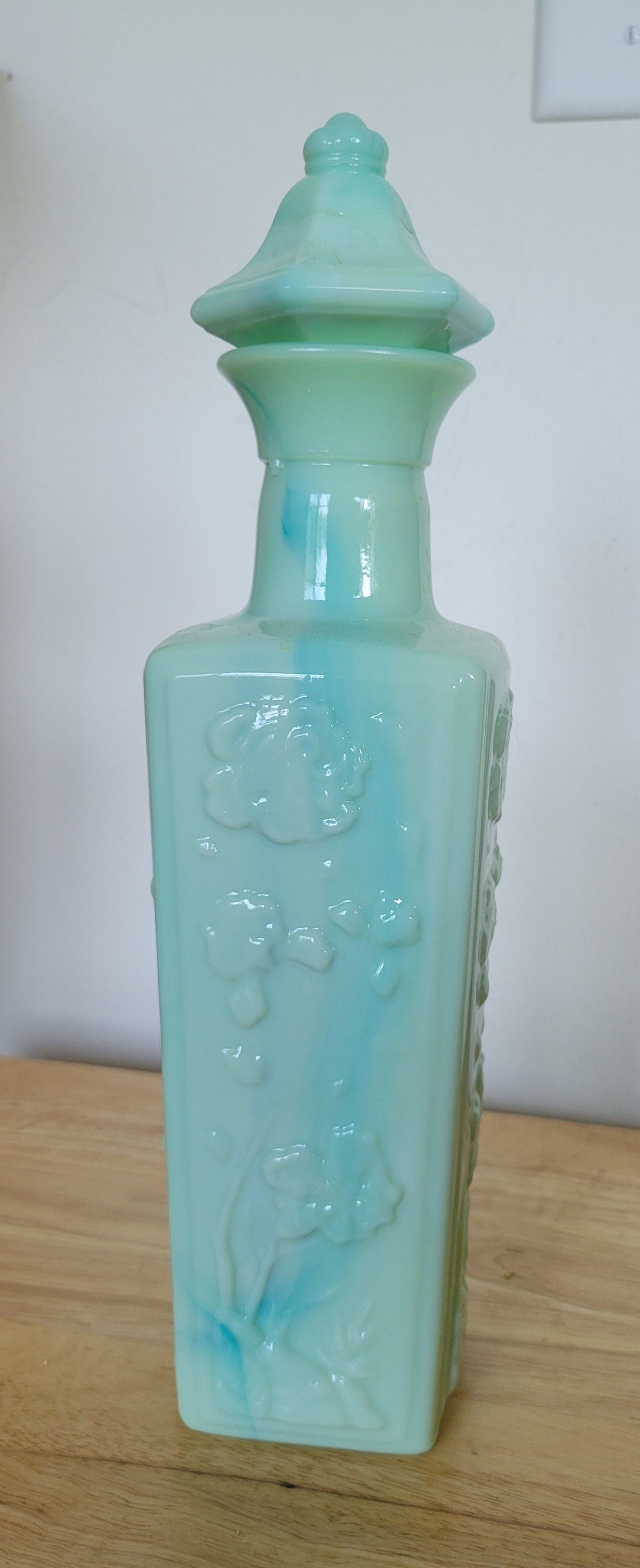 VINTAGE Decanter Blue Jade Marbled & Embossed Milk Glass Square Liquor