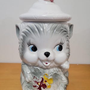 Vintage Davar Ceramic Gray Kitten Cookie Jar Red Tassel Beanie & Red and Yellow Flowers, Embossed Japan on the bottom, Kitsch Kitchenware