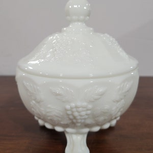 Vintage Westmoreland Footed Milk Glass Candy Dish Compote or Trinket Bowl with Lid Grapevine Design