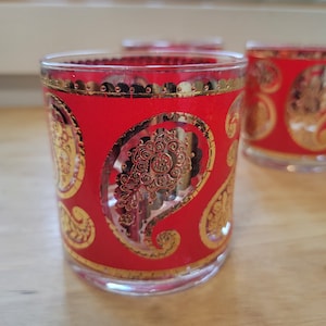 Vintage Culver 22 Kt Gold Red Paisley Lowball Old Fashioned Glassware Bar Set of Three Glasses