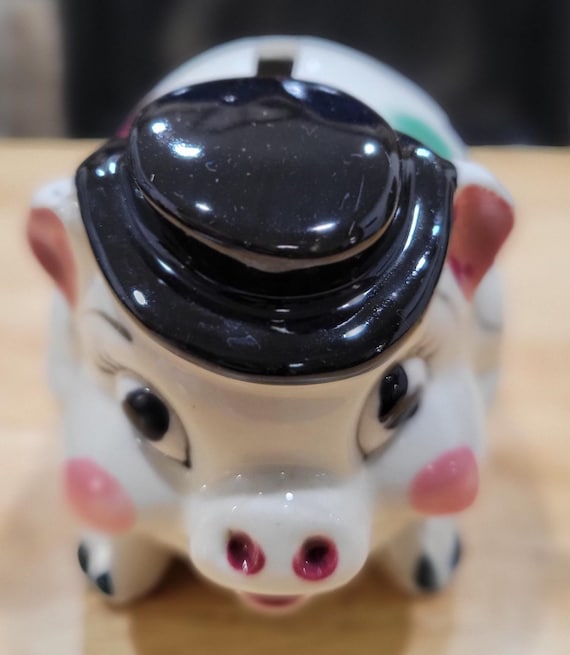 ヴィンテージ陶器貯金箱、シルクハットをかぶった粋な豚、台湾製