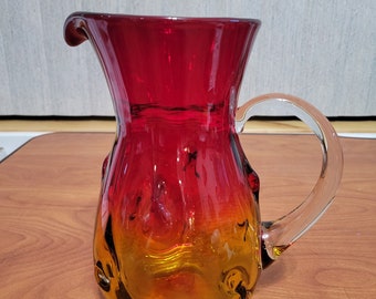 Vintage Amberina Art Glass Pitcher, Red to Gold, Pinched Design