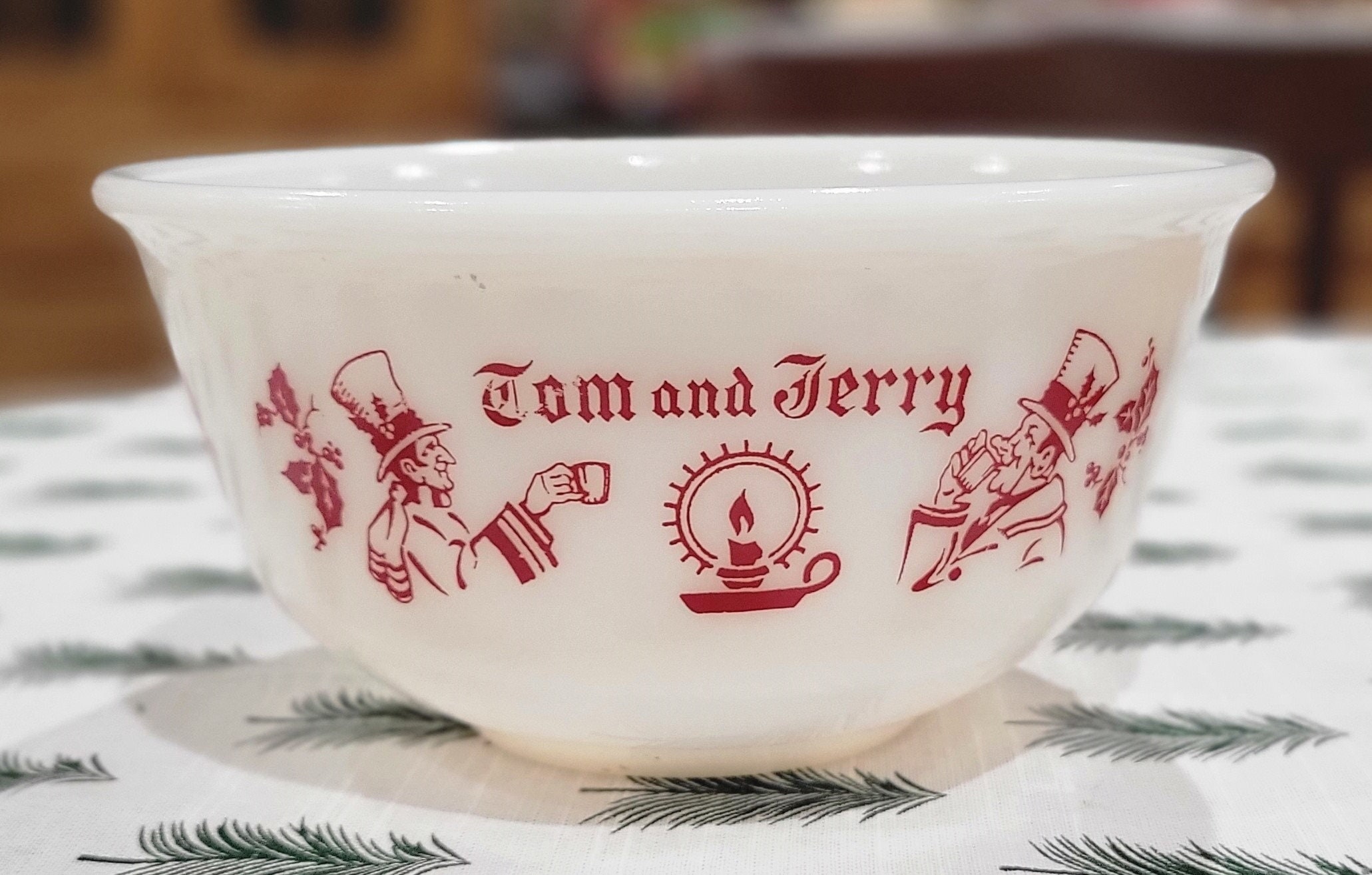 Vintage Tom and Jerry Hazel Atlas Punch Bowl, Red Holiday Design
