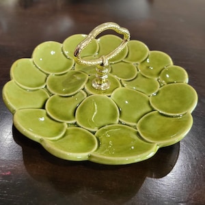 Vintage Retro Mod Avocado Tidbit Tray Ceramic Circles, 1960s USA Art Pottery Serving Dish