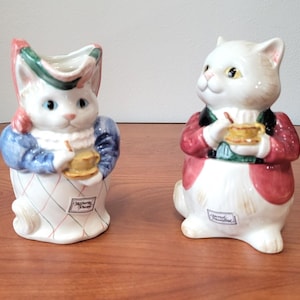 Vintage Kittens of Knightsbridge By FITZ & FLOYD Cream and Sugar Set.  1988 Handpainted Victorian Kitty Cat Coffee Set