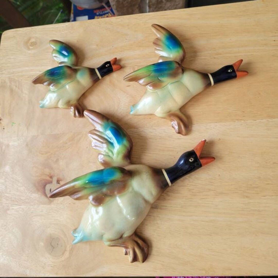 Vintage Chalk Art Mallards, Set of Three, Some Paint Loss, Vintage 1960